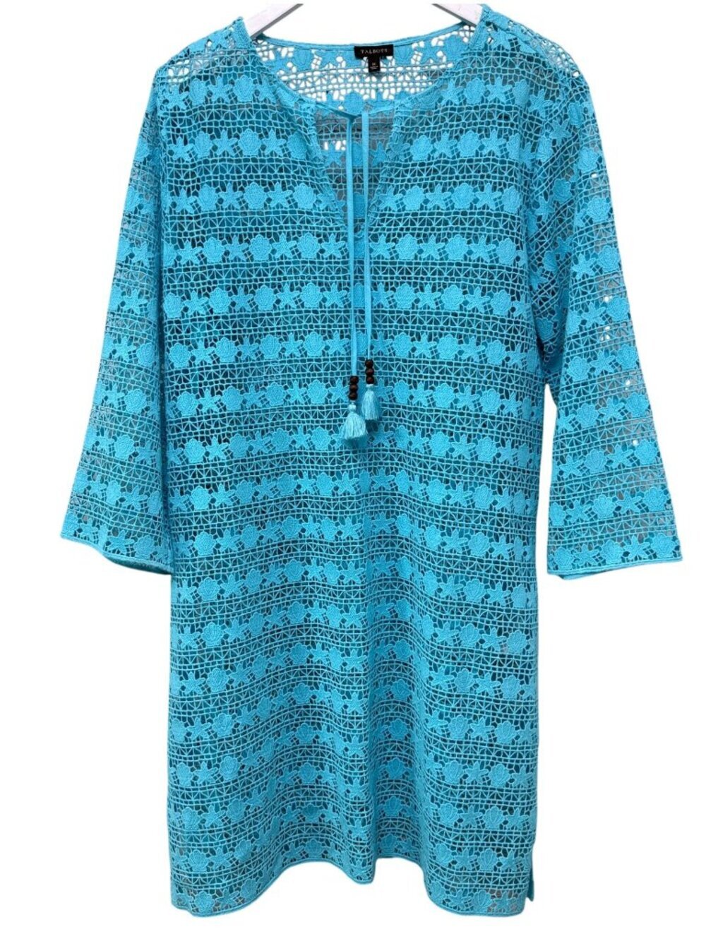 Talbots Swim Coverup Turquoise Crochet Size Medium Tunic Tassel Beach NWOT